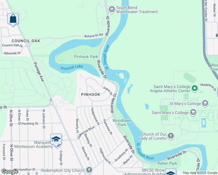 map of restaurants, bars, coffee shops, grocery stores, and more near 1235 Joyce Drive in South Bend