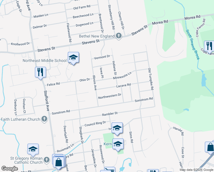 map of restaurants, bars, coffee shops, grocery stores, and more near 45 Lacava Road in Bristol