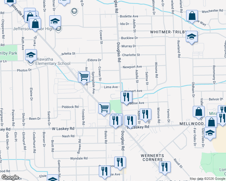 map of restaurants, bars, coffee shops, grocery stores, and more near 2527 Lima Ave in Toledo
