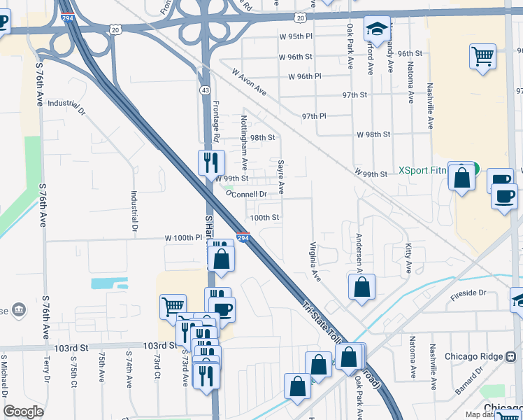 map of restaurants, bars, coffee shops, grocery stores, and more near 7030 100th Street in Chicago Ridge
