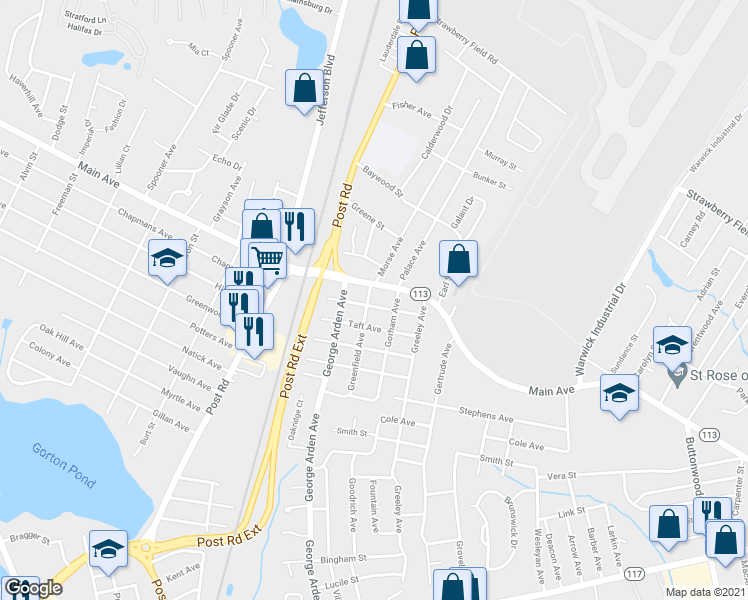 map of restaurants, bars, coffee shops, grocery stores, and more near 16 Greenfield Avenue in Warwick