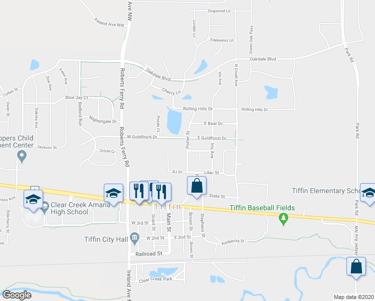 map of restaurants, bars, coffee shops, grocery stores, and more near 400 Maddie Lane in Tiffin