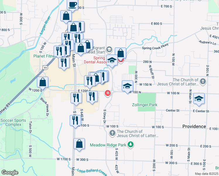 map of restaurants, bars, coffee shops, grocery stores, and more near 121 North Gateway Drive in Providence