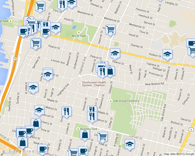 map of restaurants, bars, coffee shops, grocery stores, and more near 123 New Boston Road in Fall River