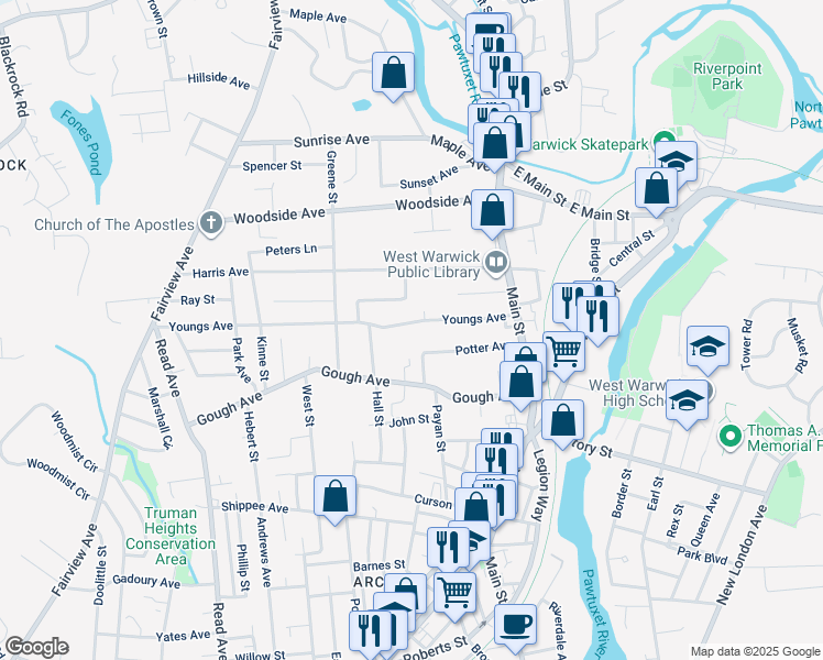 map of restaurants, bars, coffee shops, grocery stores, and more near 50 Youngs Avenue in West Warwick