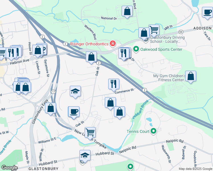 map of restaurants, bars, coffee shops, grocery stores, and more near Nutmeg Lane in Glastonbury