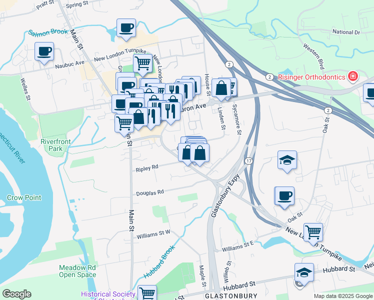 map of restaurants, bars, coffee shops, grocery stores, and more near 38 Clinton Street in Glastonbury