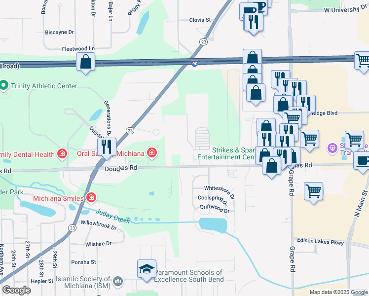 map of restaurants, bars, coffee shops, grocery stores, and more near 5460 Irish Way in Mishawaka