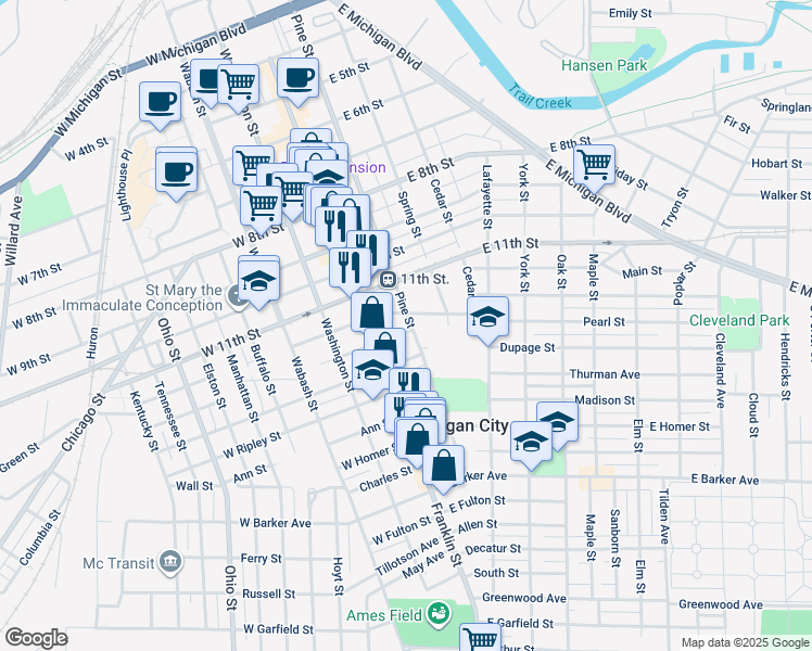 map of restaurants, bars, coffee shops, grocery stores, and more near 1206 Pine Street in Michigan City