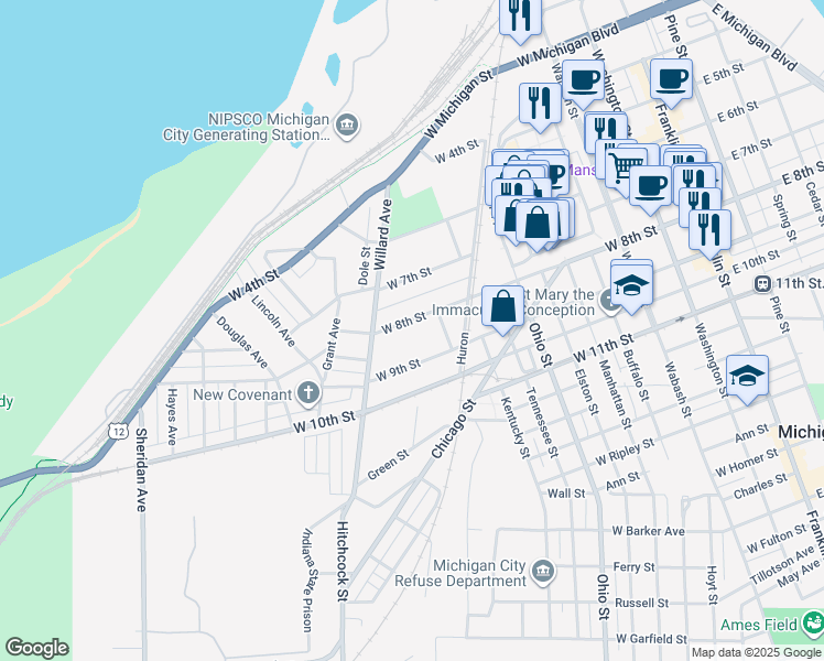 map of restaurants, bars, coffee shops, grocery stores, and more near 1002 West 8th Street in Michigan City