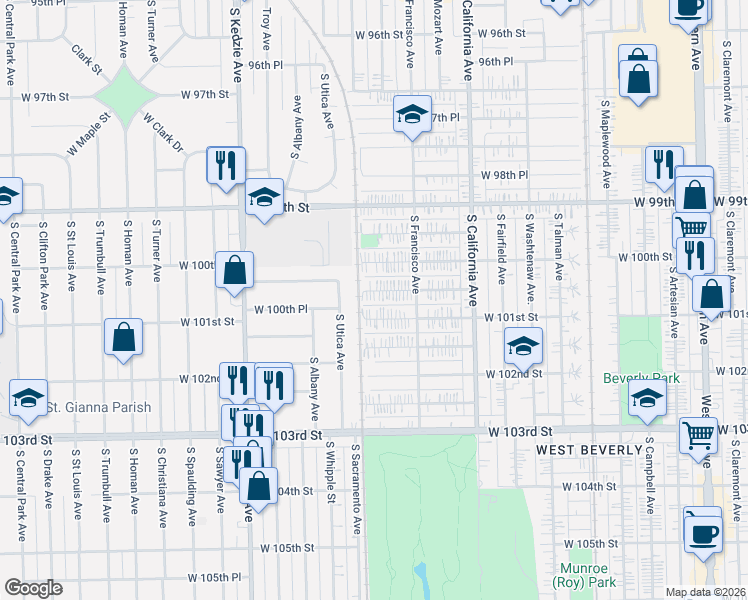 map of restaurants, bars, coffee shops, grocery stores, and more near 2939 West 100th Place in Evergreen Park