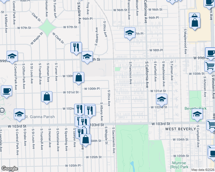 map of restaurants, bars, coffee shops, grocery stores, and more near 3032 West 100th Place in Evergreen Park