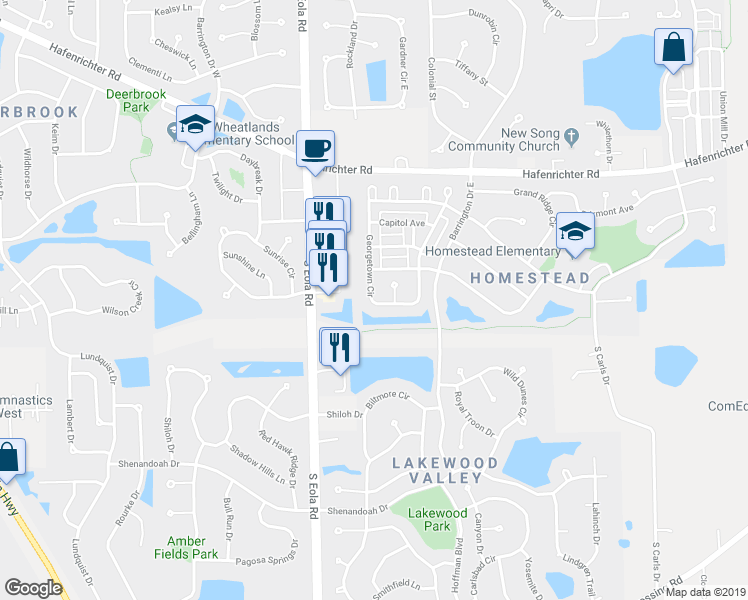 map of restaurants, bars, coffee shops, grocery stores, and more near 2413 Georgetown Circle in Aurora