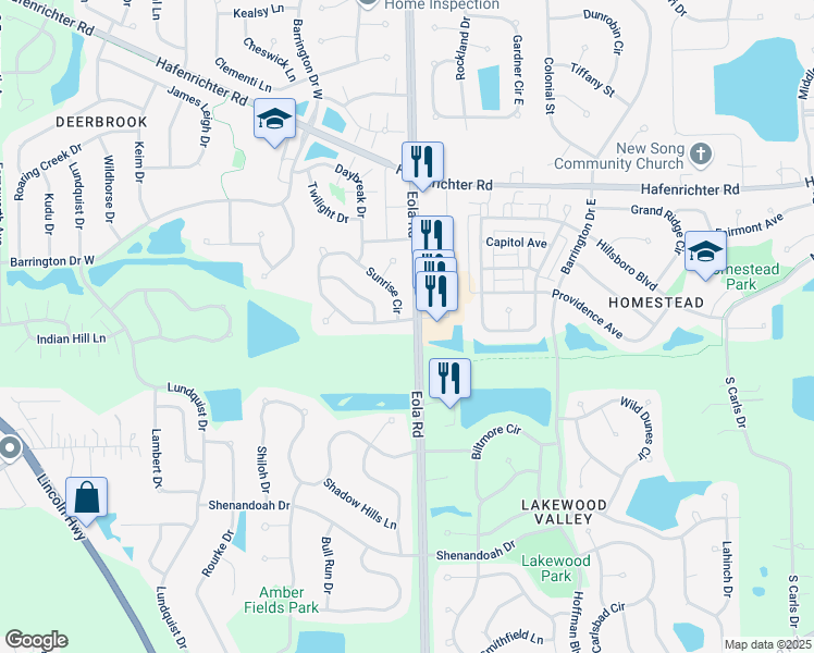 map of restaurants, bars, coffee shops, grocery stores, and more near 2410 South Eola Road in Aurora