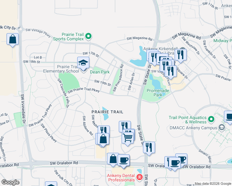 map of restaurants, bars, coffee shops, grocery stores, and more near 1714 Southwest Prairie Trail Parkway in Ankeny