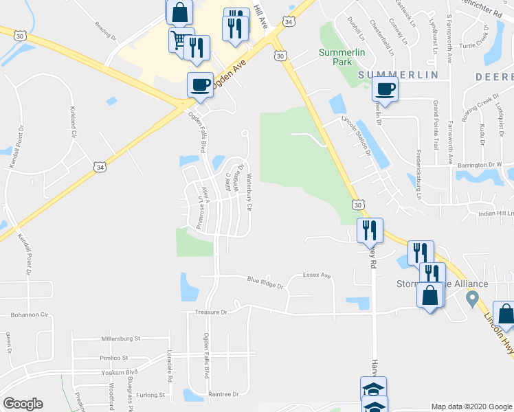 map of restaurants, bars, coffee shops, grocery stores, and more near 97 Waterbury Circle in Oswego