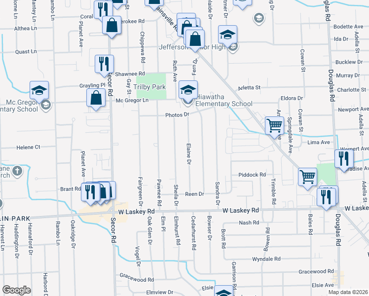 map of restaurants, bars, coffee shops, grocery stores, and more near 5211 Elaine Dr in Toledo