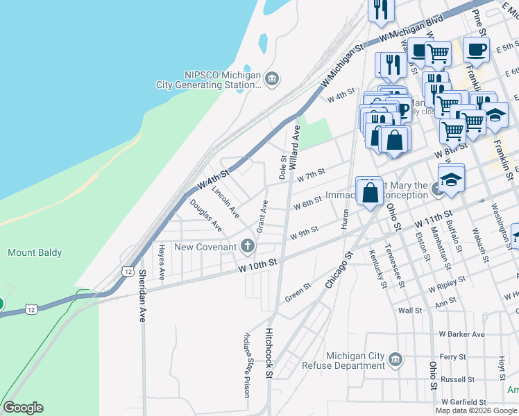 map of restaurants, bars, coffee shops, grocery stores, and more near 217 Grant Avenue in Michigan City