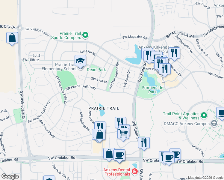 map of restaurants, bars, coffee shops, grocery stores, and more near 1714 Southwest Prairie Trail Parkway in Ankeny