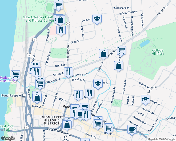 map of restaurants, bars, coffee shops, grocery stores, and more near 5 Brookside Avenue in Poughkeepsie