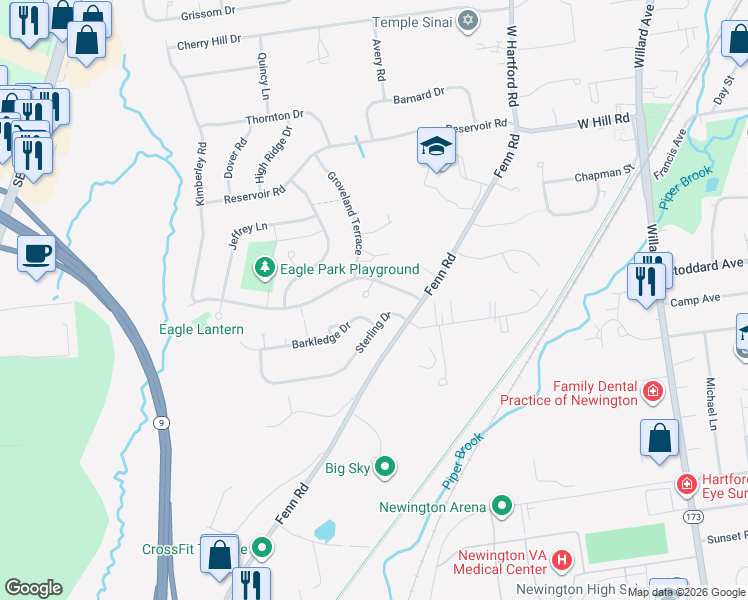 map of restaurants, bars, coffee shops, grocery stores, and more near 16 Cricket Lane in Newington