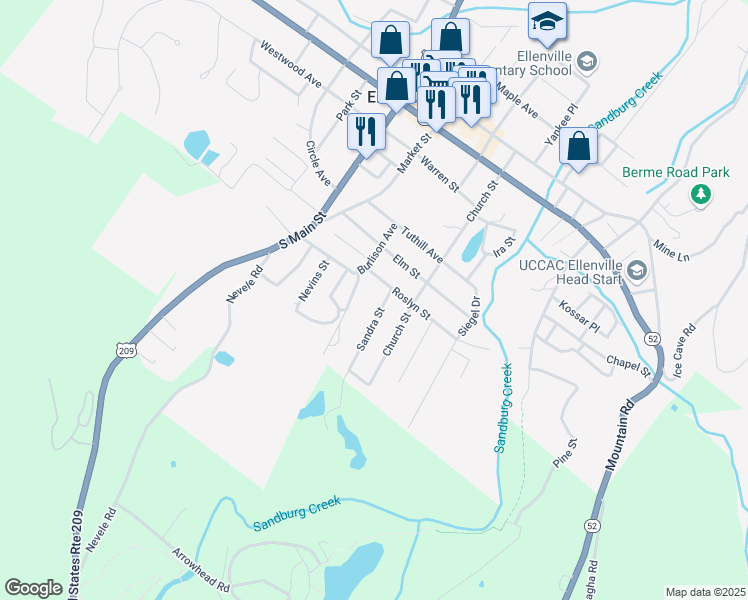 map of restaurants, bars, coffee shops, grocery stores, and more near 1 Sandra Street in Ellenville
