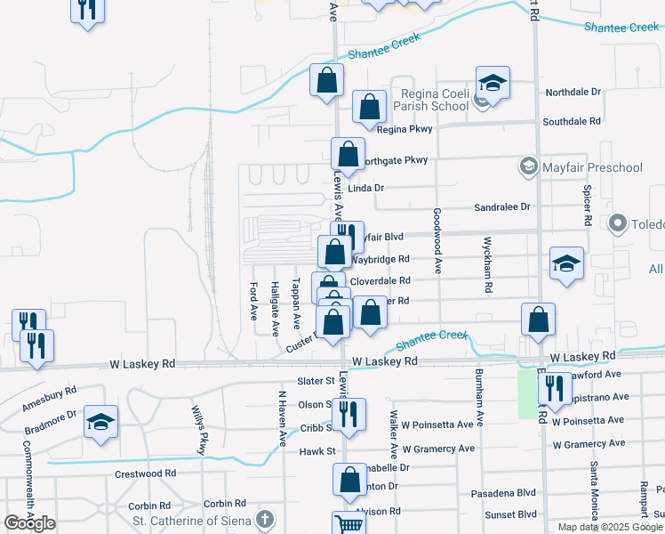 map of restaurants, bars, coffee shops, grocery stores, and more near 5145 Lewis Avenue in Toledo