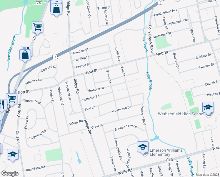 map of restaurants, bars, coffee shops, grocery stores, and more near 124 Amherst Street in Wethersfield