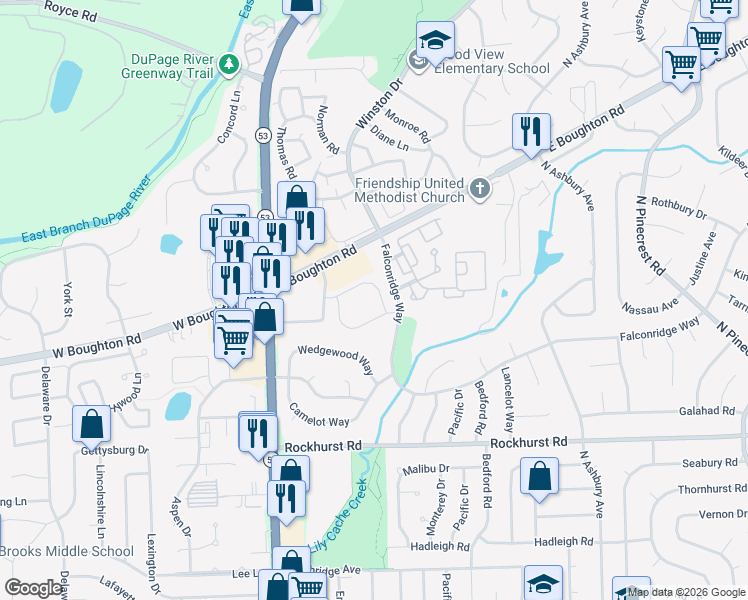 map of restaurants, bars, coffee shops, grocery stores, and more near 405 Monet Circle in Bolingbrook