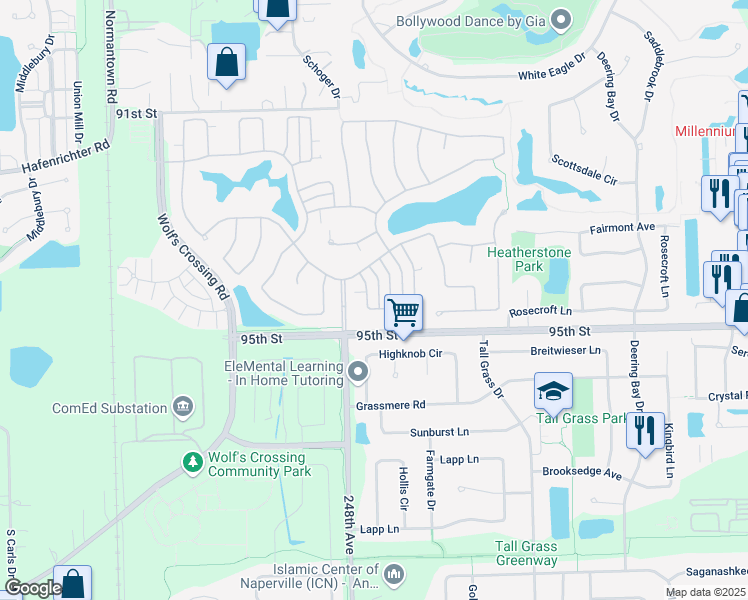 map of restaurants, bars, coffee shops, grocery stores, and more near 2944 Normandy Circle in Naperville
