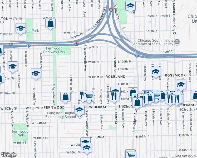 map of restaurants, bars, coffee shops, grocery stores, and more near 10105 South La Salle Street in Chicago