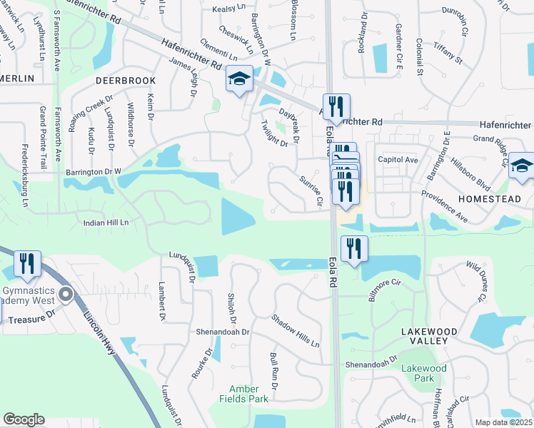 map of restaurants, bars, coffee shops, grocery stores, and more near 2399 Sunrise Court in Aurora