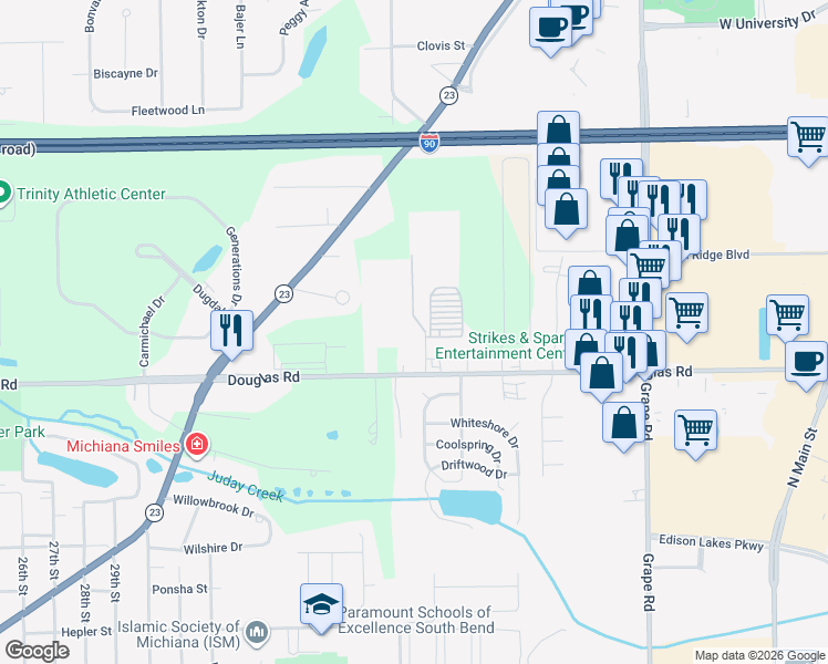 map of restaurants, bars, coffee shops, grocery stores, and more near 5625 Irish Way in Mishawaka