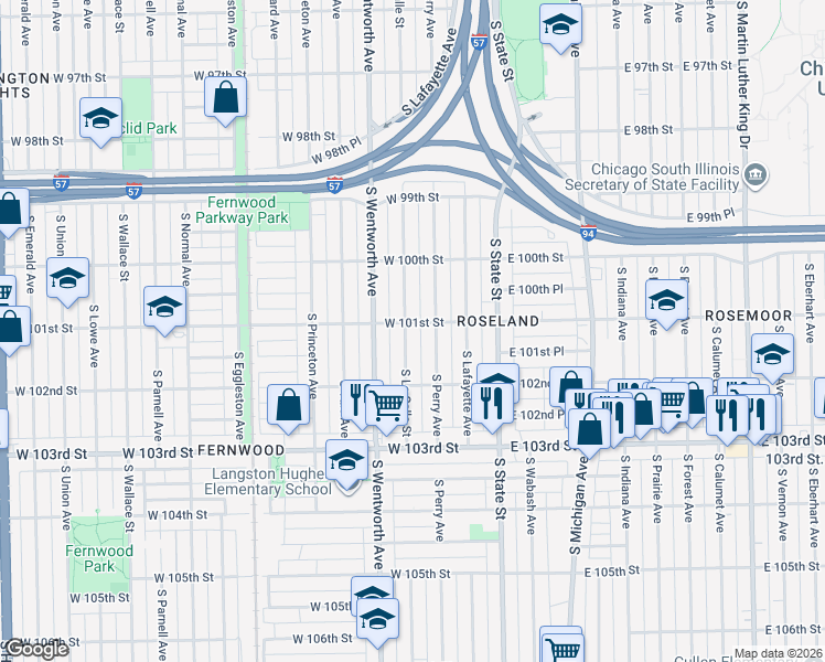 map of restaurants, bars, coffee shops, grocery stores, and more near 10105 South La Salle Street in Chicago