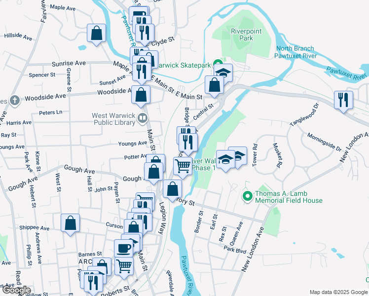 map of restaurants, bars, coffee shops, grocery stores, and more near 63 Providence Street in West Warwick
