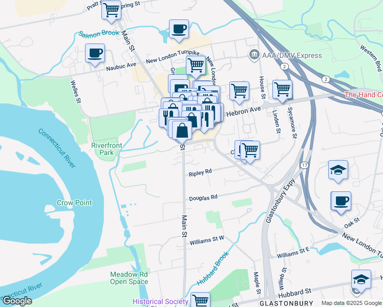 map of restaurants, bars, coffee shops, grocery stores, and more near 2 School Street in Glastonbury