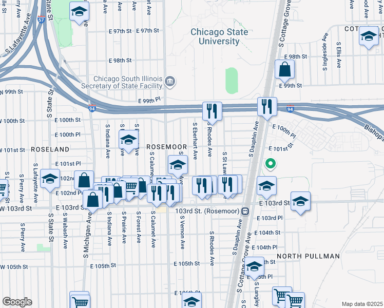 map of restaurants, bars, coffee shops, grocery stores, and more near 10112 South Eberhart Avenue in Chicago