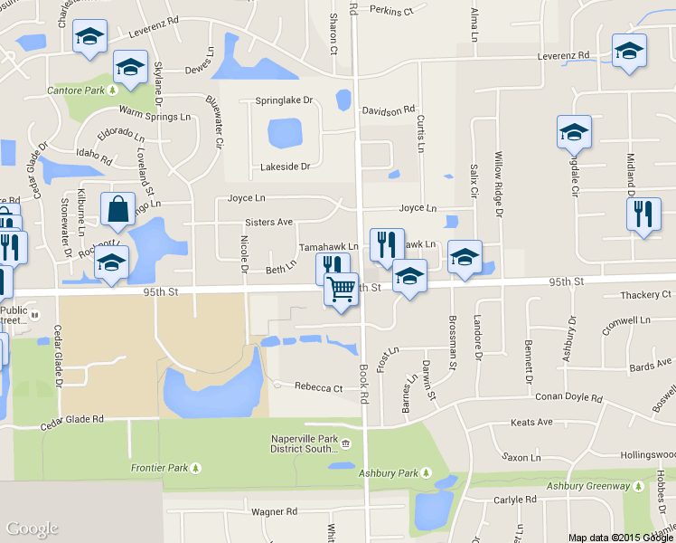 map of restaurants, bars, coffee shops, grocery stores, and more near 2007 95th Street in Naperville