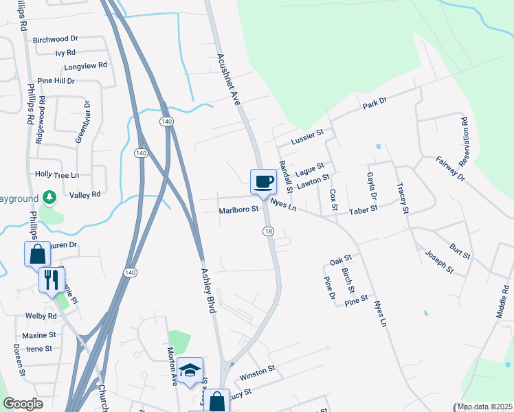 map of restaurants, bars, coffee shops, grocery stores, and more near 1013 Marlborough Street in New Bedford