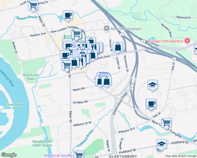 map of restaurants, bars, coffee shops, grocery stores, and more near 22 Clinton Street in Glastonbury