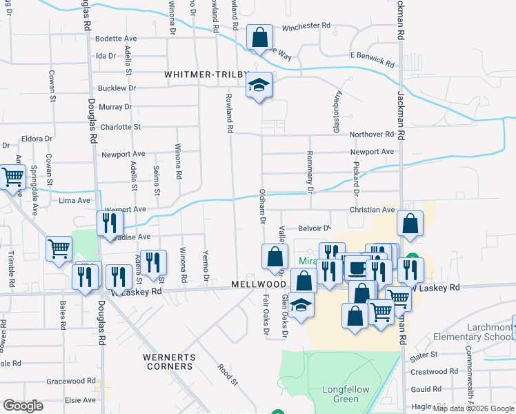 map of restaurants, bars, coffee shops, grocery stores, and more near 5205 Oldham Drive in Toledo
