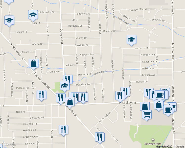 map of restaurants, bars, coffee shops, grocery stores, and more near 2275 Wernert Avenue in Toledo