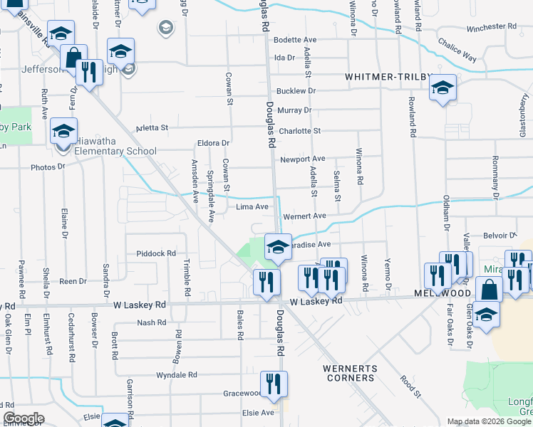 map of restaurants, bars, coffee shops, grocery stores, and more near 2527 Lima Avenue in Toledo