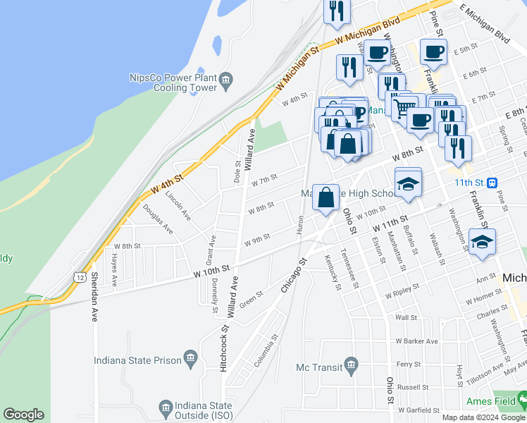 map of restaurants, bars, coffee shops, grocery stores, and more near 1002 West 8th Street in Michigan City