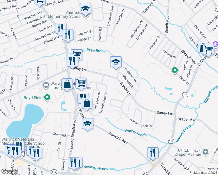 map of restaurants, bars, coffee shops, grocery stores, and more near 4 Ticonderoga Drive in Warwick