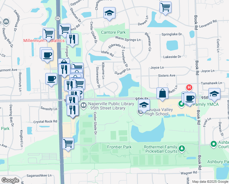 map of restaurants, bars, coffee shops, grocery stores, and more near 2604 Rockport Lane in Naperville