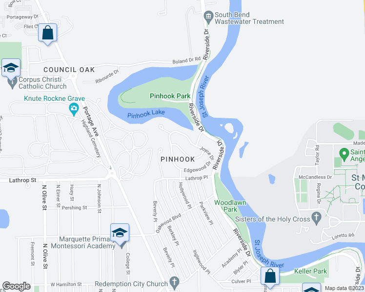 map of restaurants, bars, coffee shops, grocery stores, and more near 1407 Eastbrook Drive in South Bend