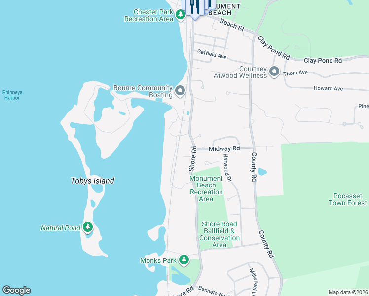 map of restaurants, bars, coffee shops, grocery stores, and more near 566 Shore Road in Bourne