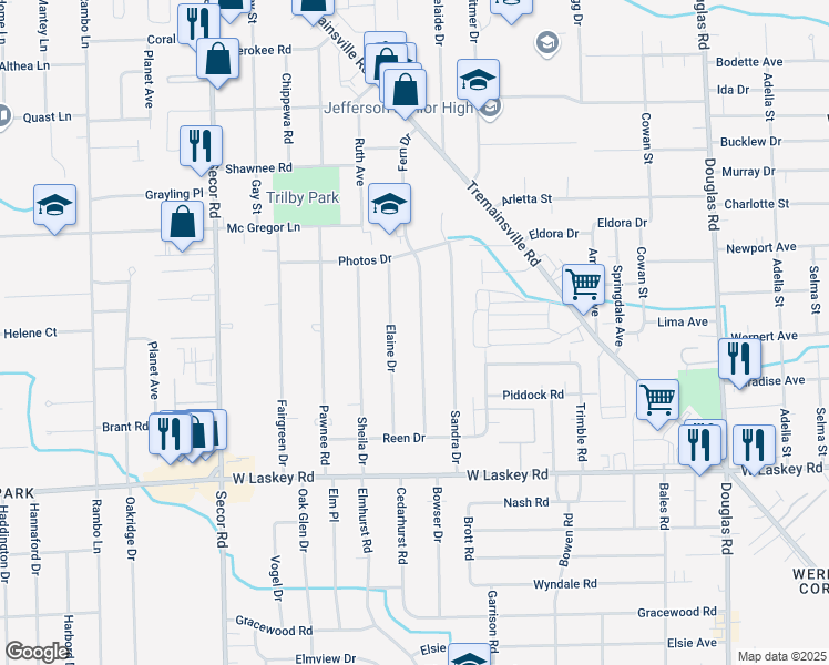 map of restaurants, bars, coffee shops, grocery stores, and more near 5211 Fern Drive in Toledo