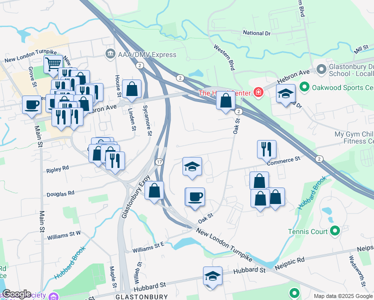map of restaurants, bars, coffee shops, grocery stores, and more near 88 Benton Lane in Glastonbury